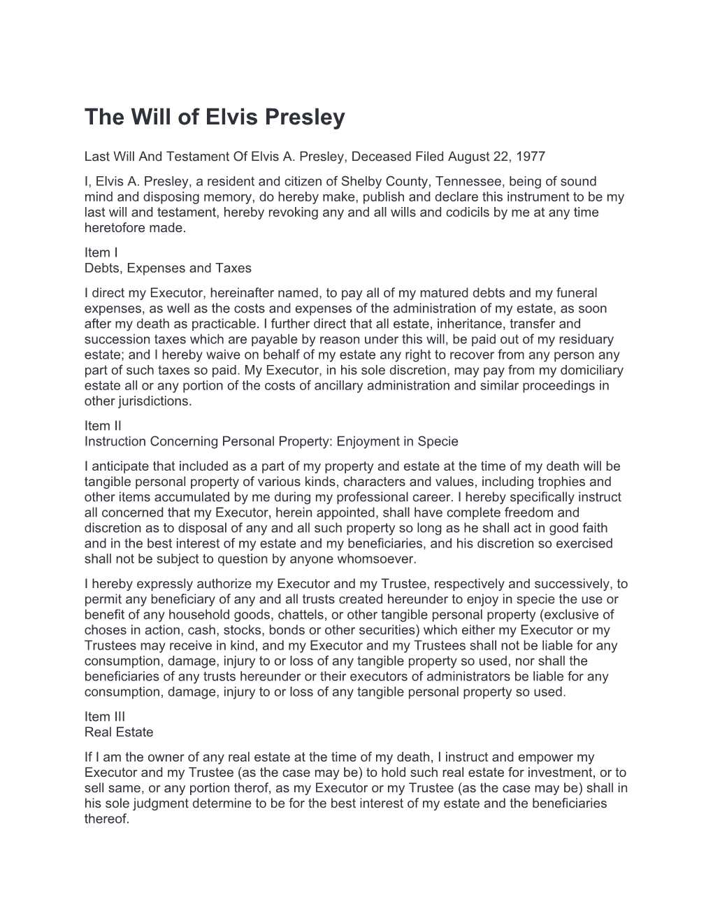 The Will of Elvis Presley