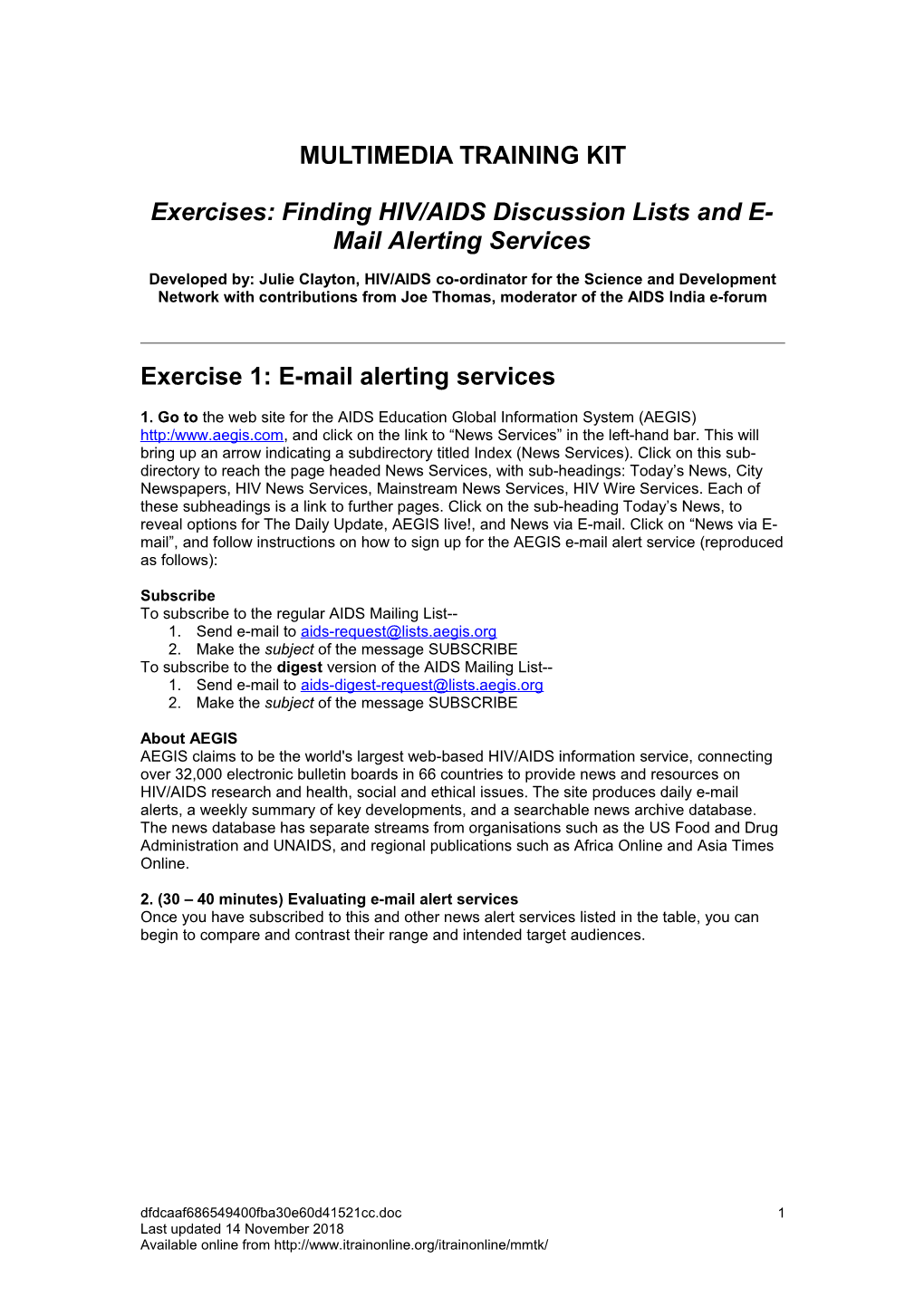 Exercises: Finding HIV/AIDS Discussion Lists and E-Mail Alerting Services