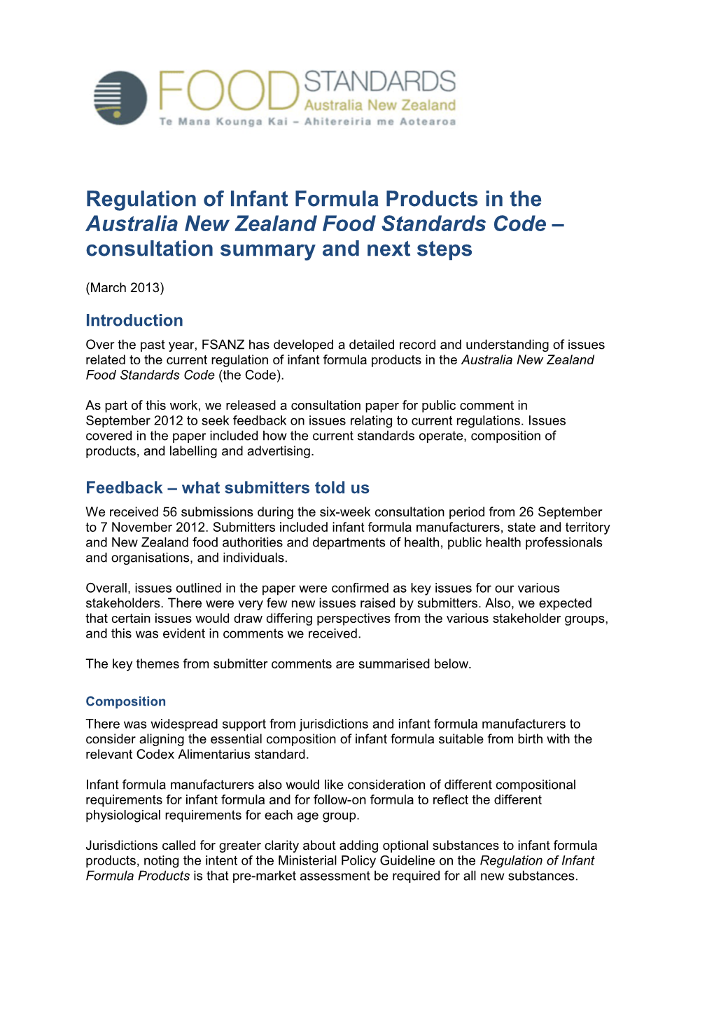 Regulation of Infant Formula Products in the Australia New Zealand Food Standards Code