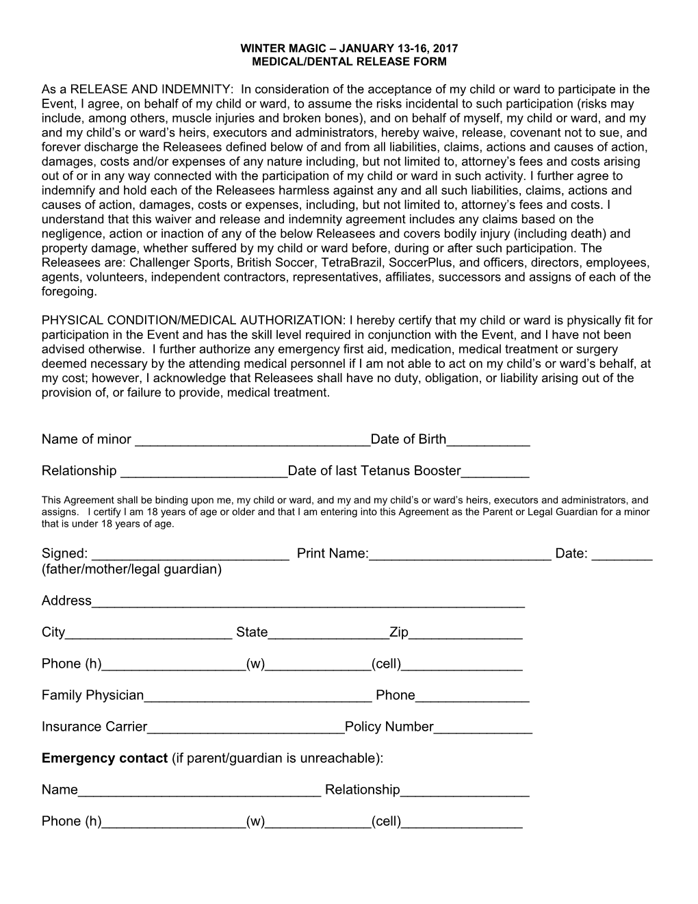 Medical/Dental Release Form