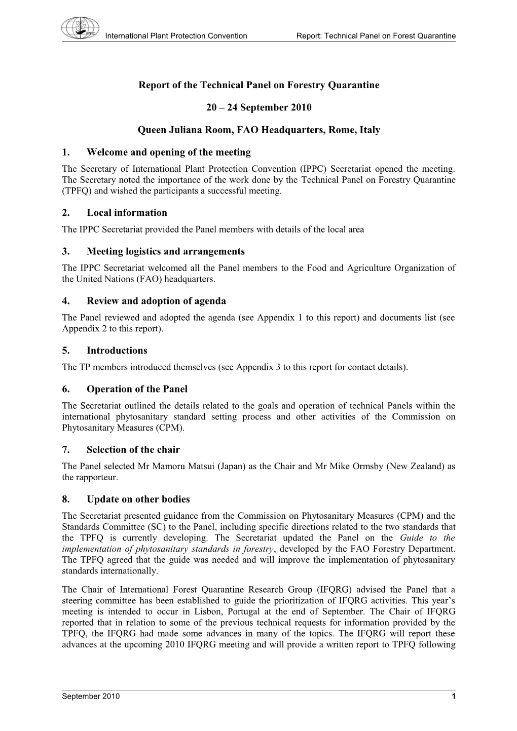 Report of the Technical Panel on Forestry Quarantine