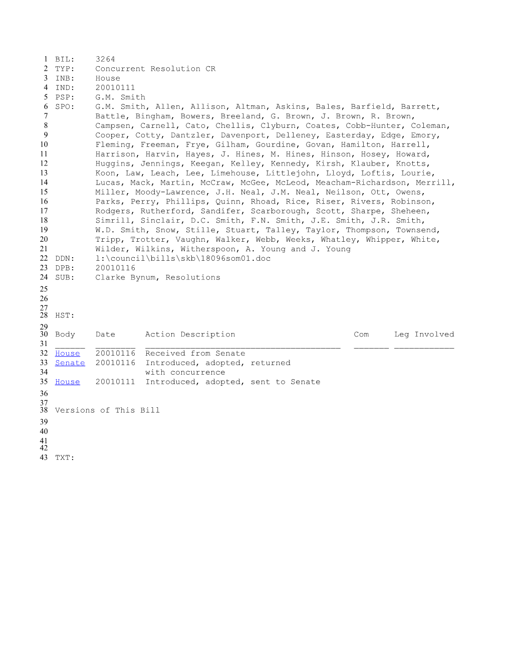 2001-2002 Bill 3264: Clarke Bynum, Resolutions - South Carolina Legislature Online