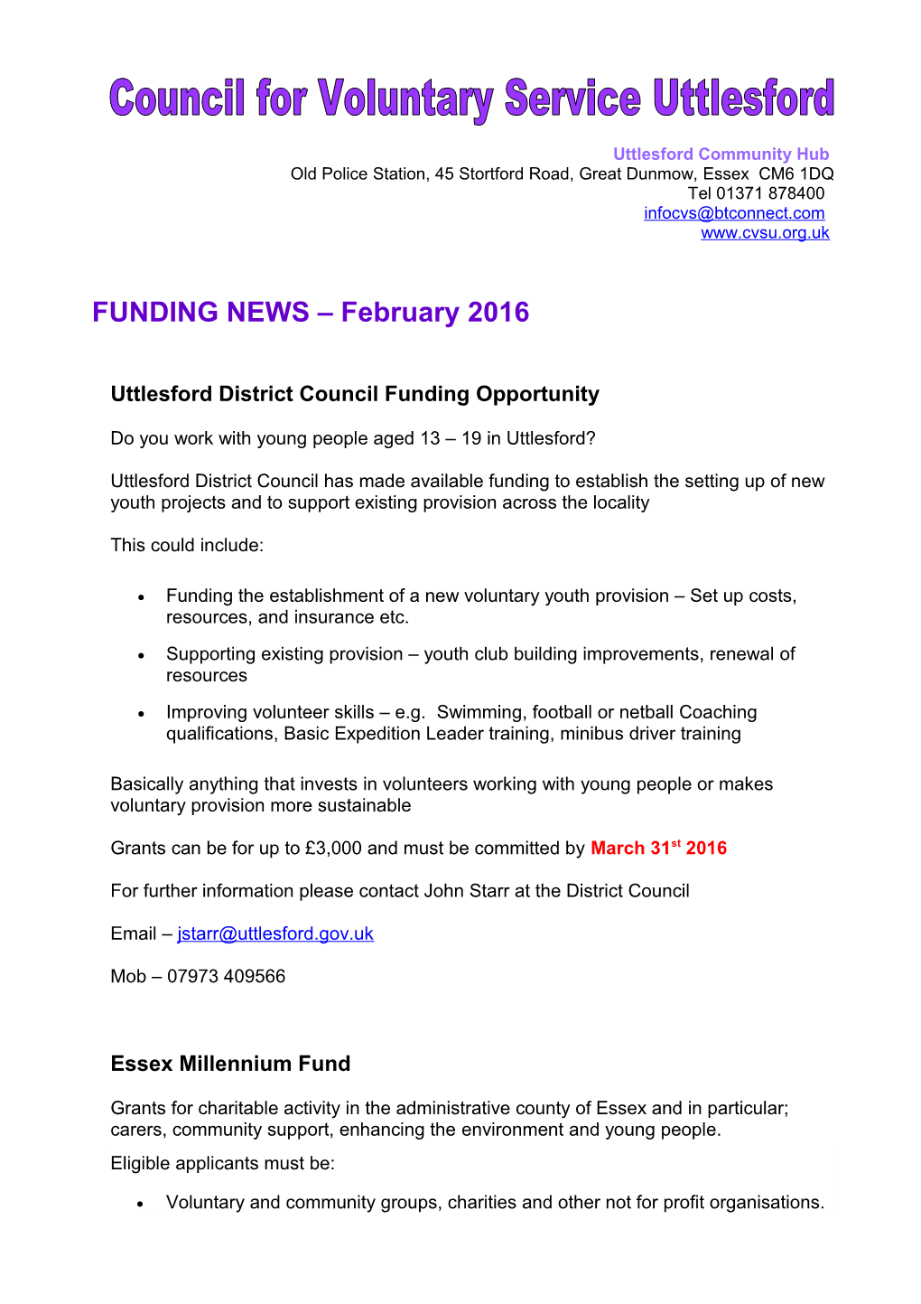 Uttlesford District Council Funding Opportunity