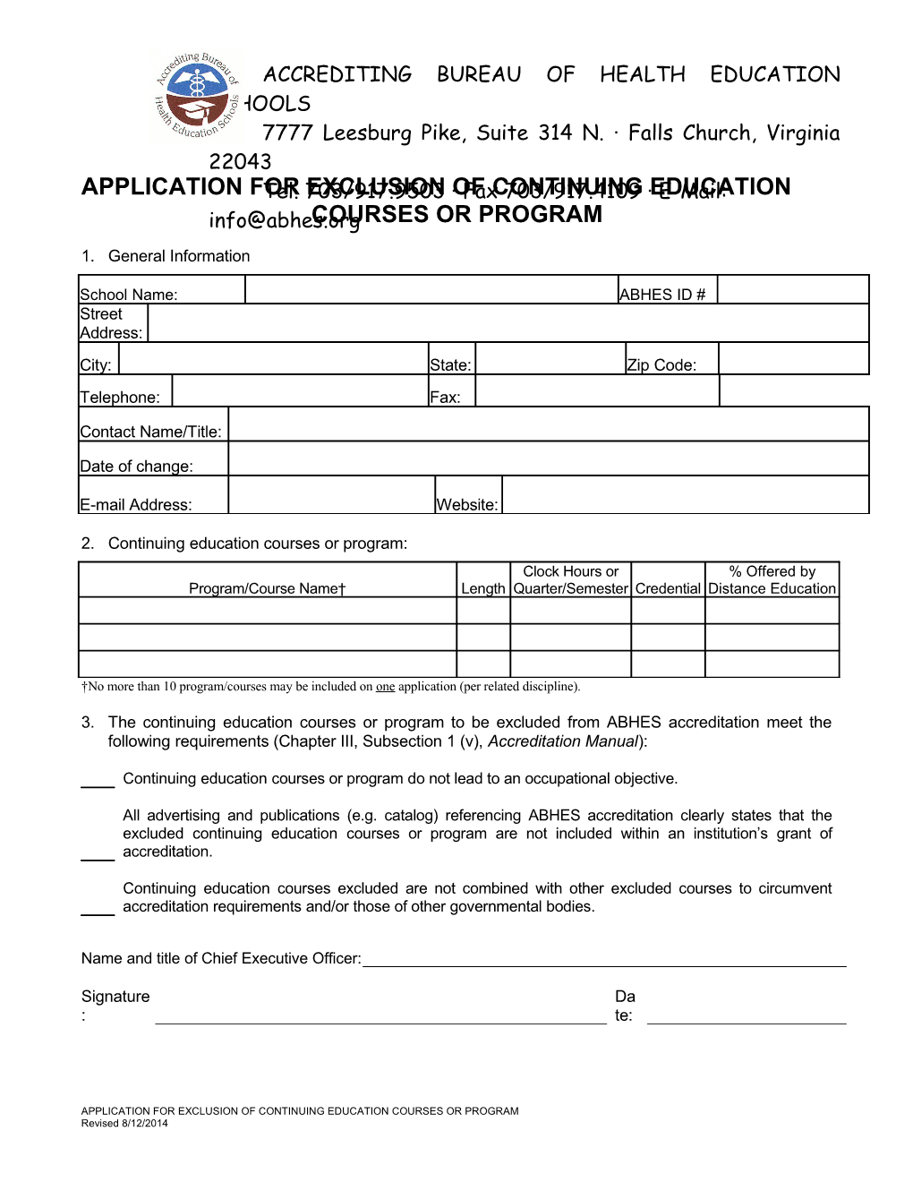 Application for Exclusion of Continuing Education