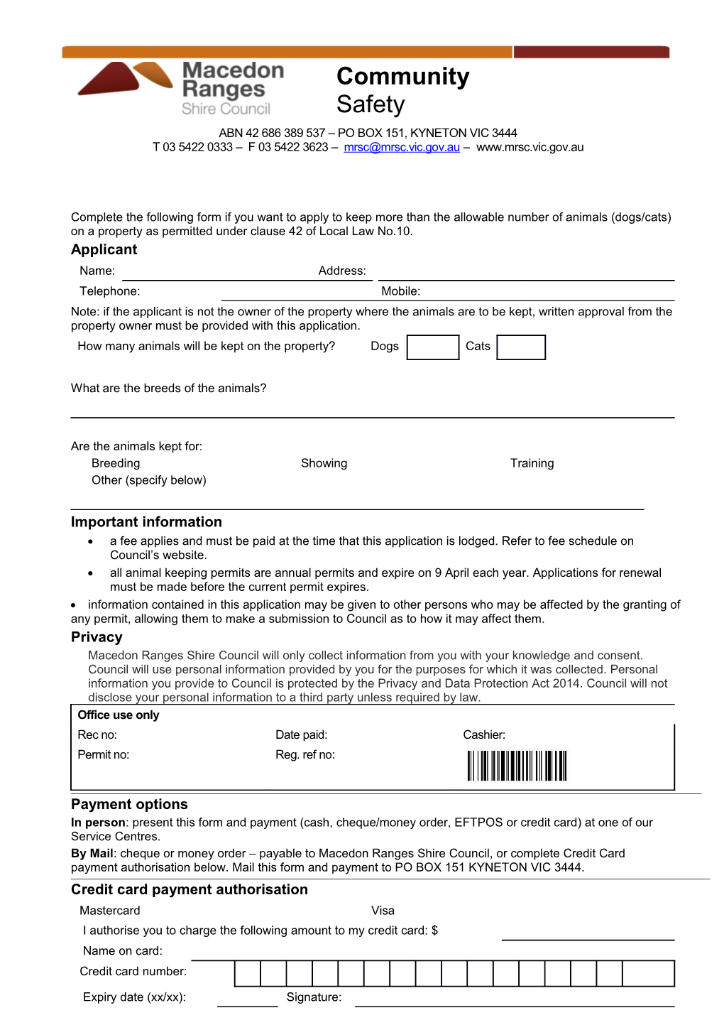 Keeping of Animals Permit Application