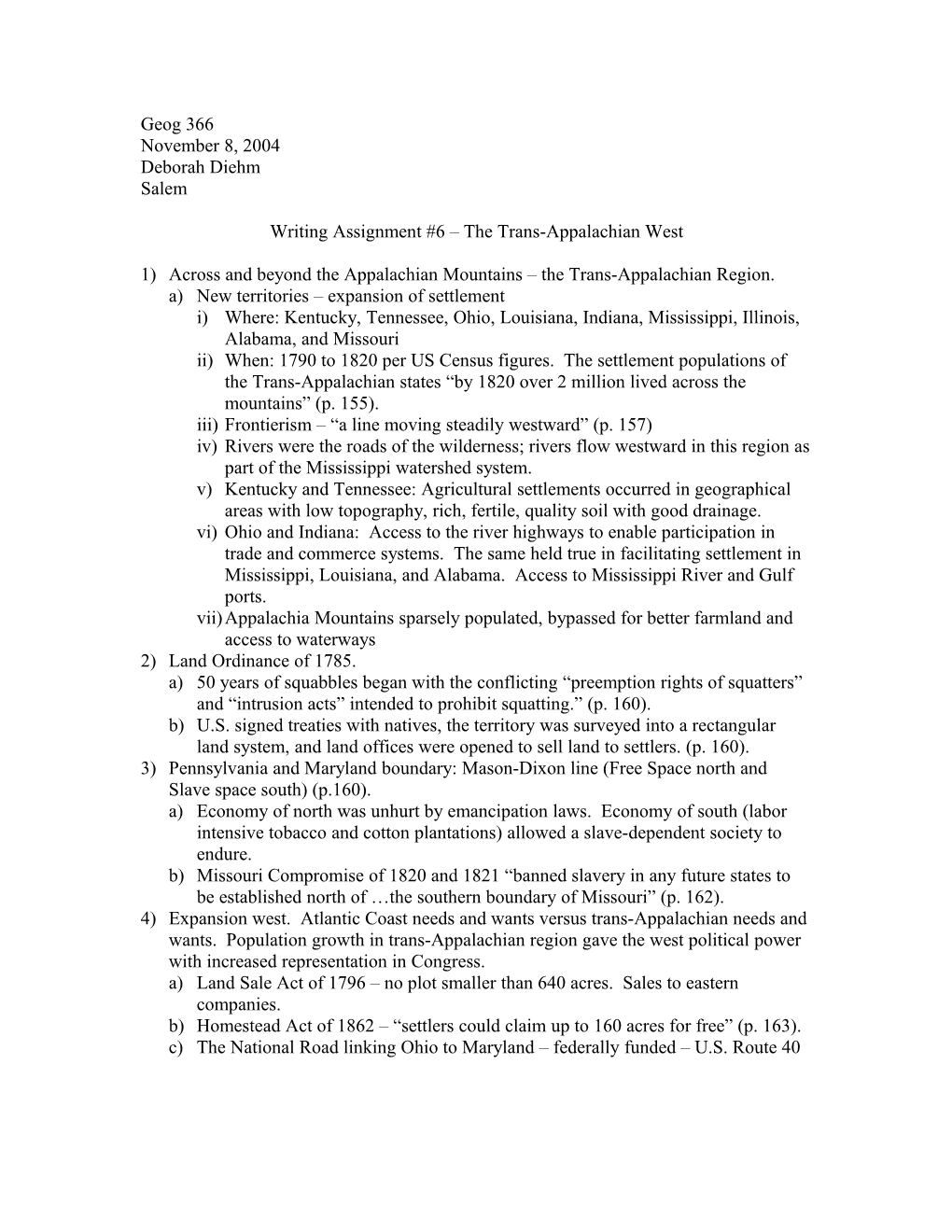 Writing Assignment #6 the Trans-Appalachian West