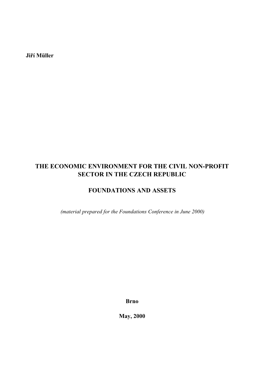 The Economic Environment for the Civil Non-Profit Sector in the Czech Republic