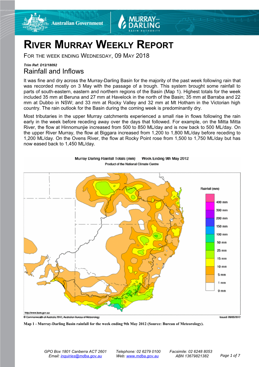 RIVER MURRAY WEEKLY REPORT - 9 May 2012