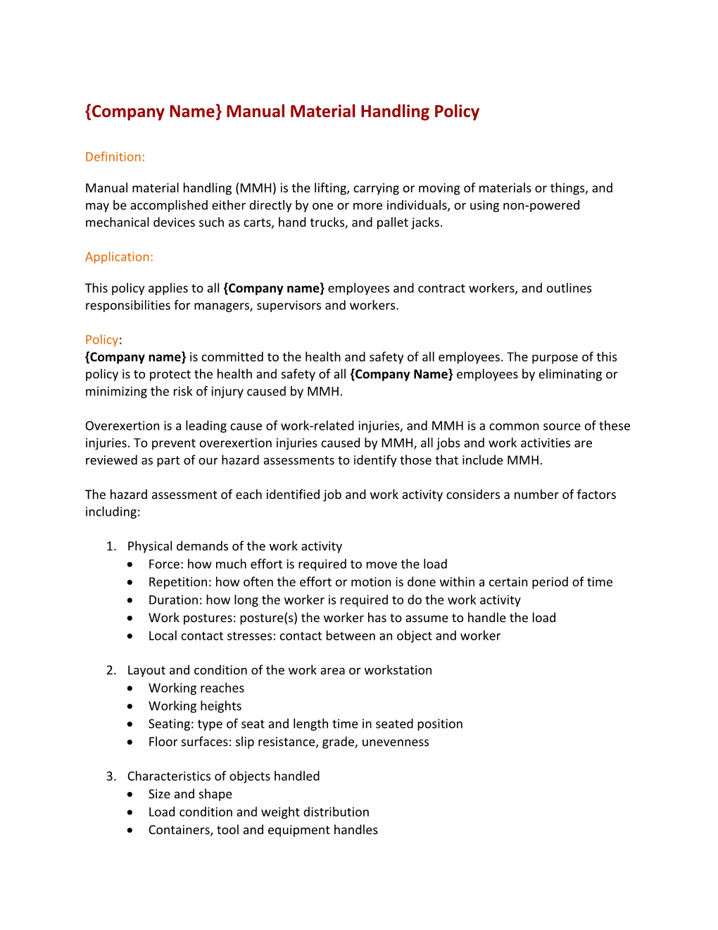 Company Name Manual Material Handling Policy