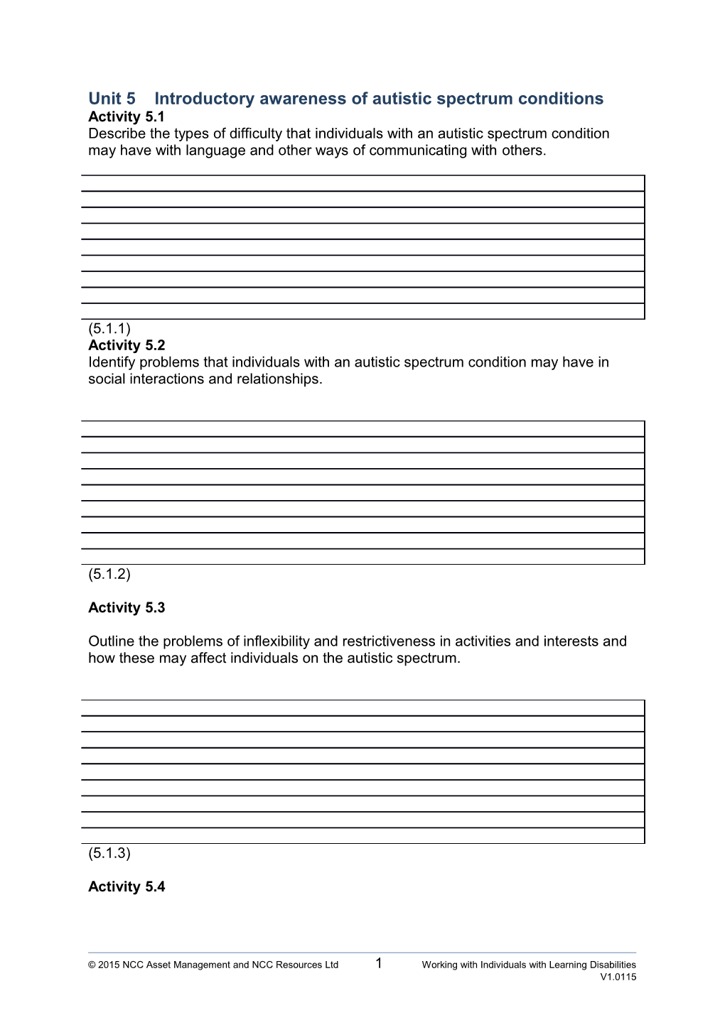 Unit 5 Introductory Awareness of Autistic Spectrum Conditions