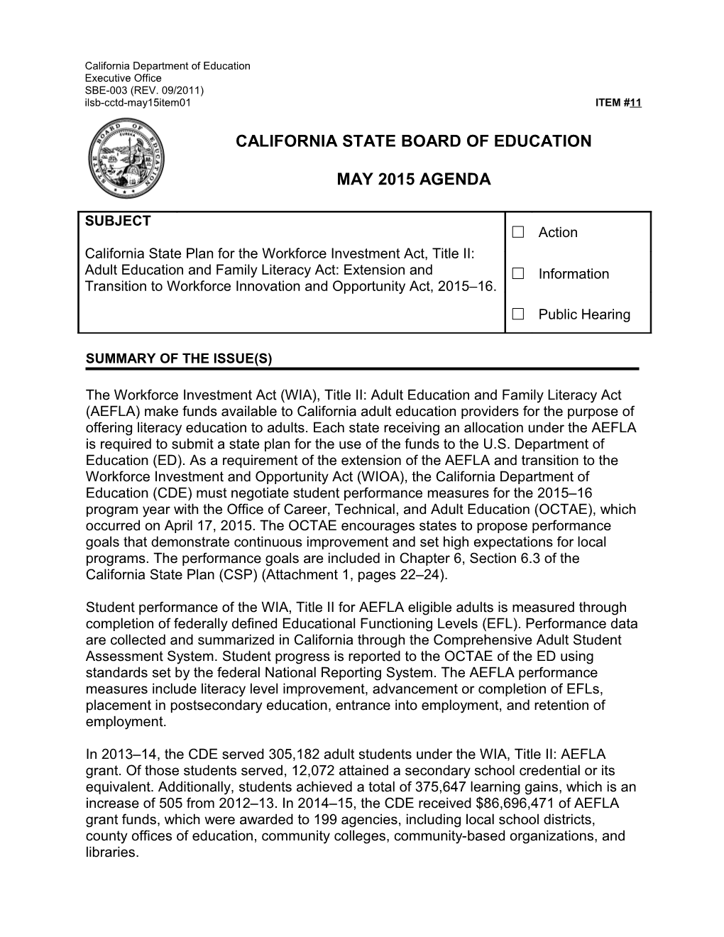 May 2015 Agenda Item 11 - Meeting Agendas (CA State Board of Education)