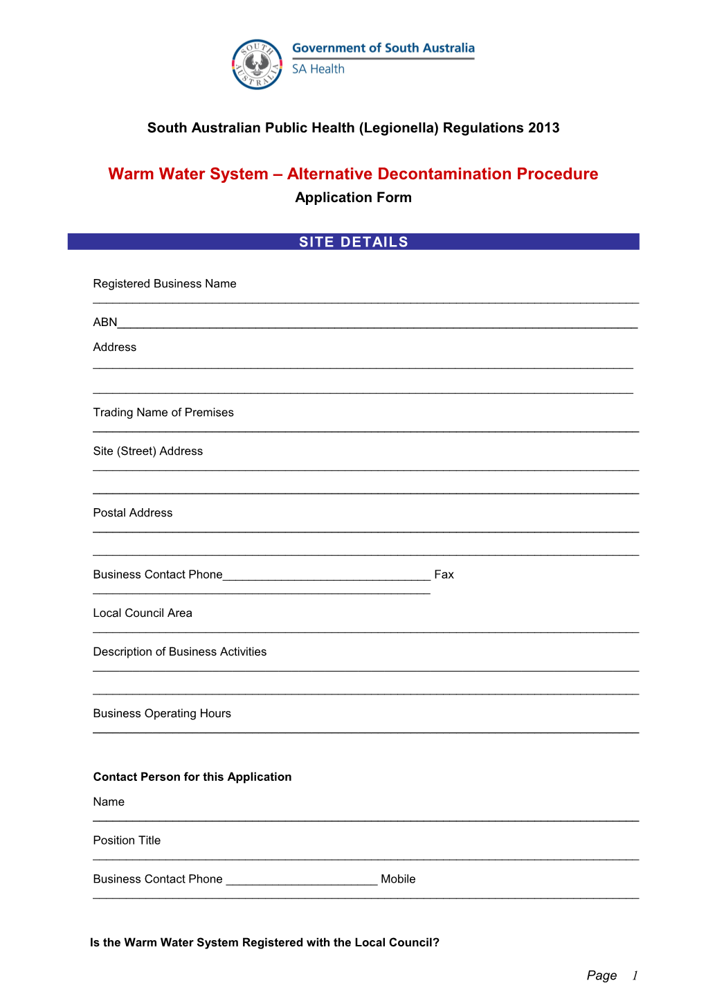 Alternative Decontamination Procedure for Warm Water Systems Application Form