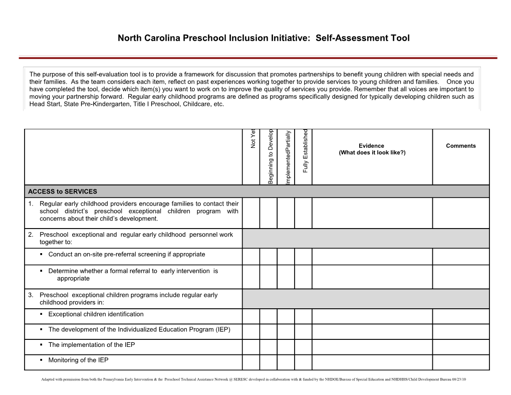North Carolina Preschool Inclusion Initiative: Self-Assessment Tool