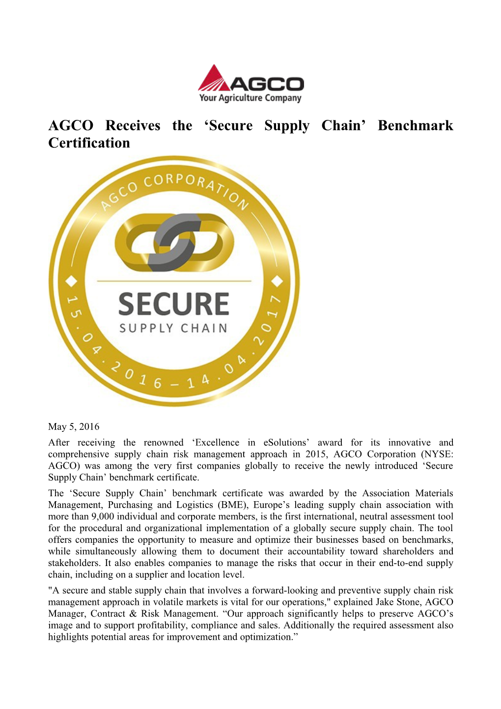 AGCO Receives the Secure Supply Chain Benchmark Certification