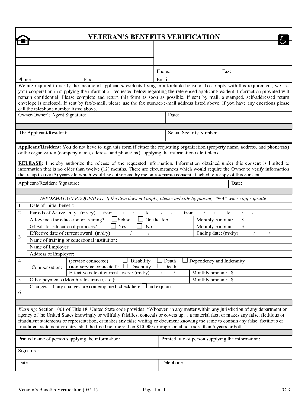 Veteran S Benefits Verification (05/11)Page 1 of 1TC-3