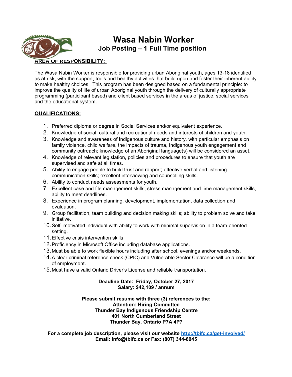 Job Posting 1 Full Time Position