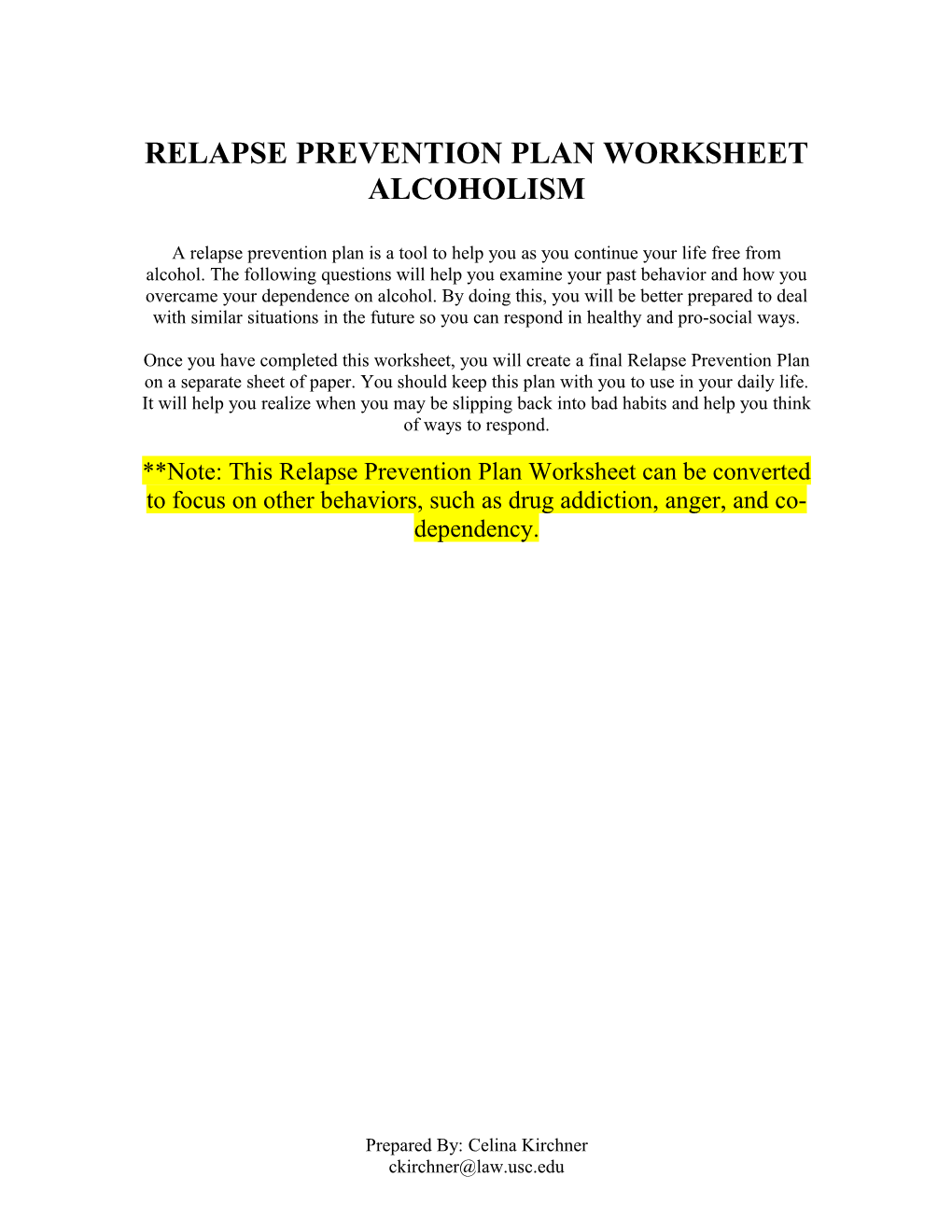 Relapse Prevention Plan Worksheet