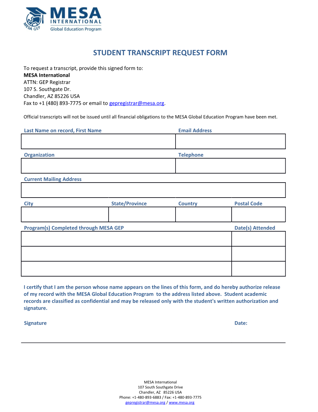 Student Transcript Request Form