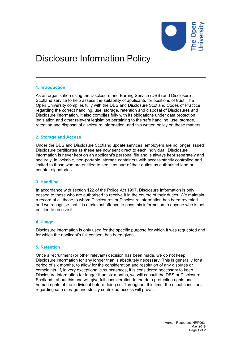 Disclosure Information Policy HRP063