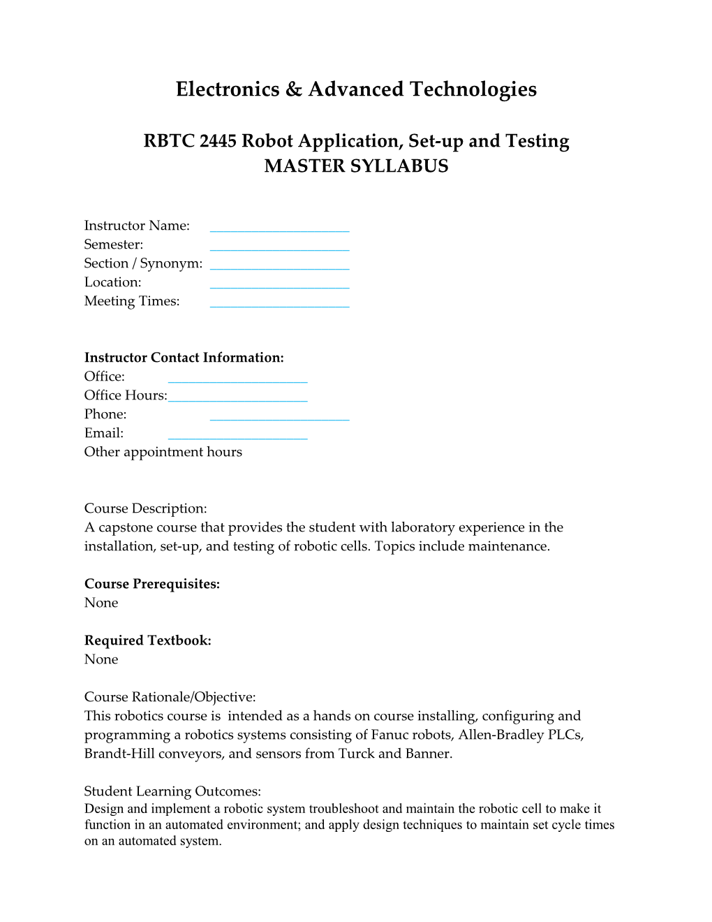 RBTC 2445 Robot Application, Set-Up, and Testing