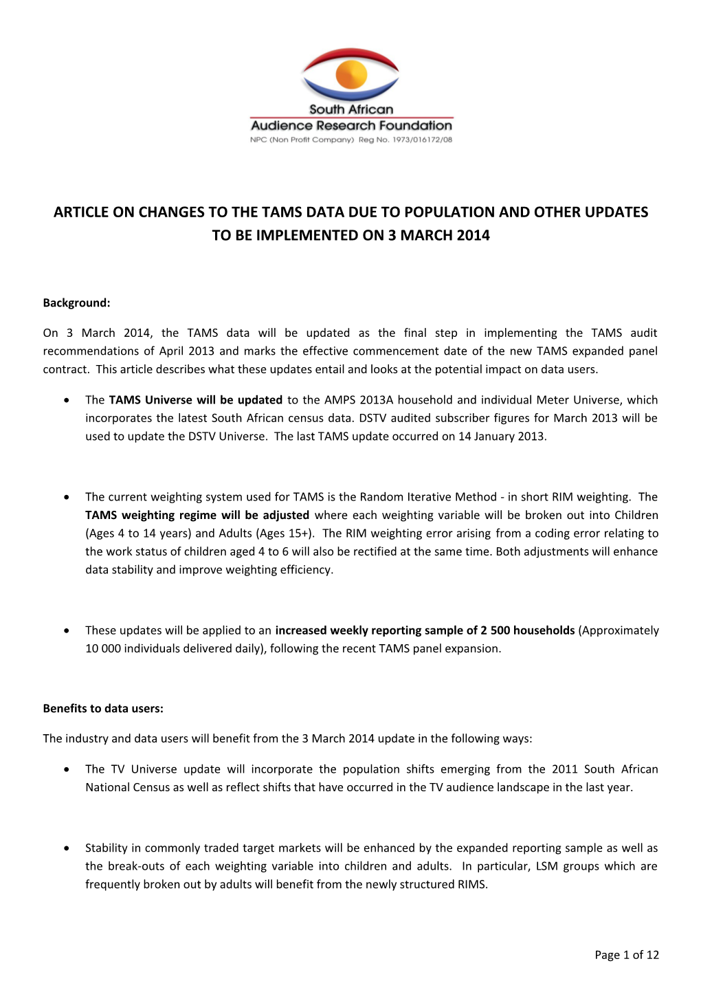 Article on Changes to the Tams Data Due to Population and Other Updates to Be Implemented