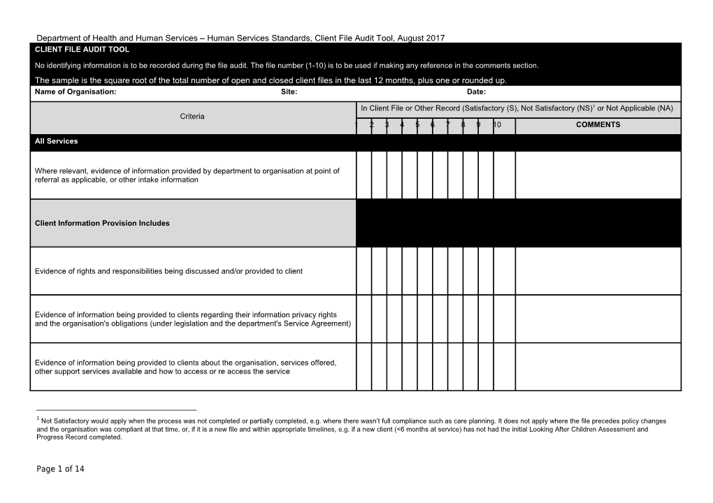 Human Services Standards Client File Audit Tool