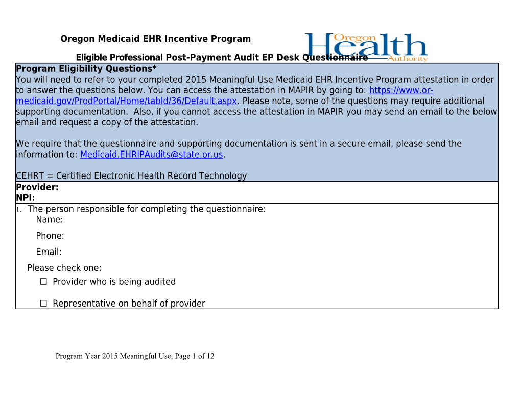 2015 Eligible Professional (EP) Meaningful Use (MU) Desk Audit Questionnaire