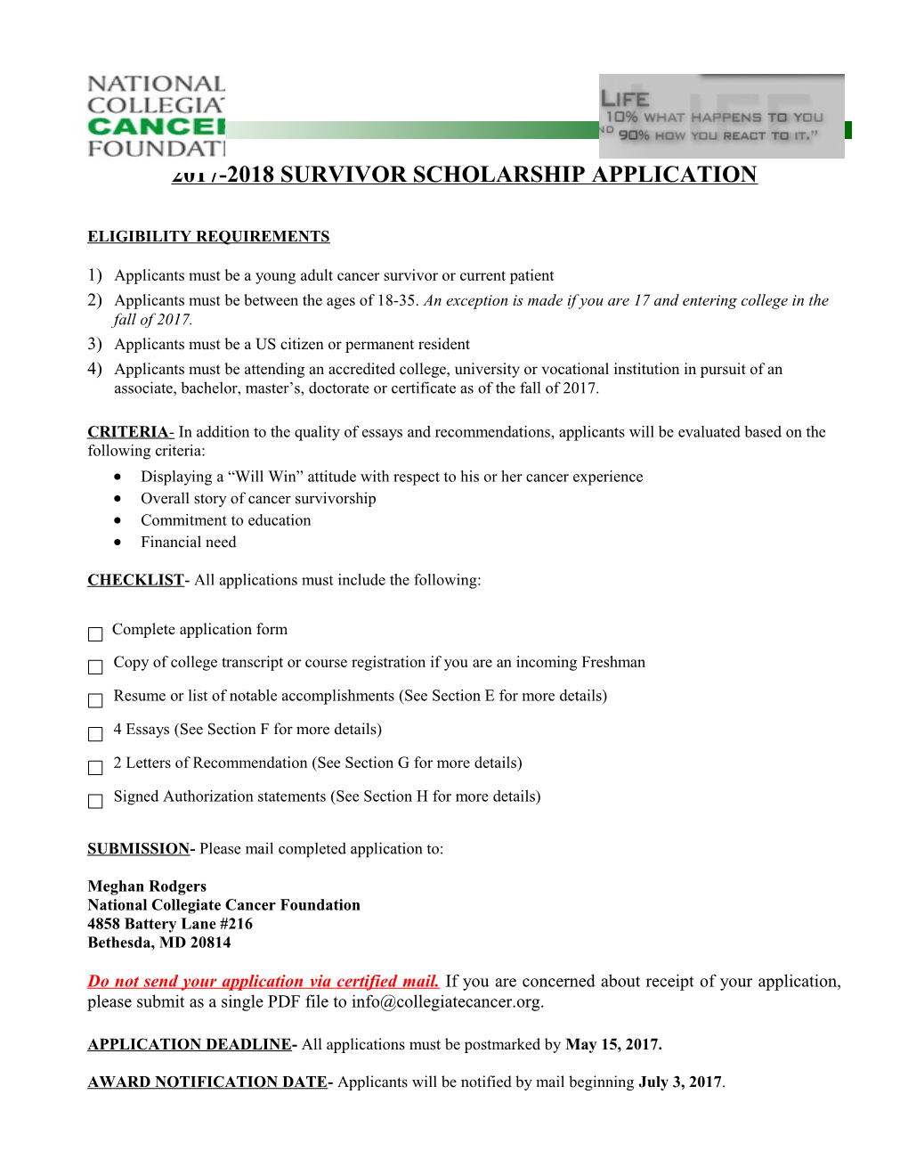 2017-2018Survivor Scholarship Application