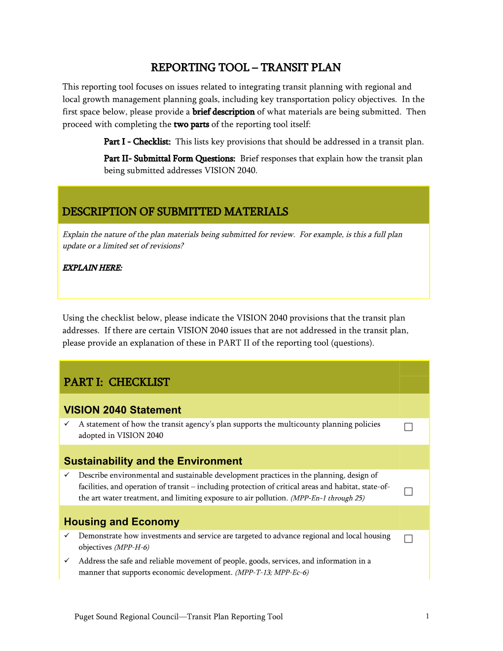 Reporting Tool Part Ii: Transit Plan Questions