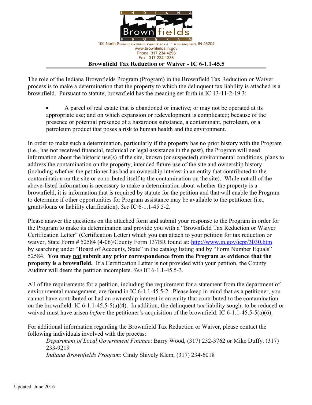 Brownfield Tax Reduction Or Waiver - IC 6-1.1-45.5