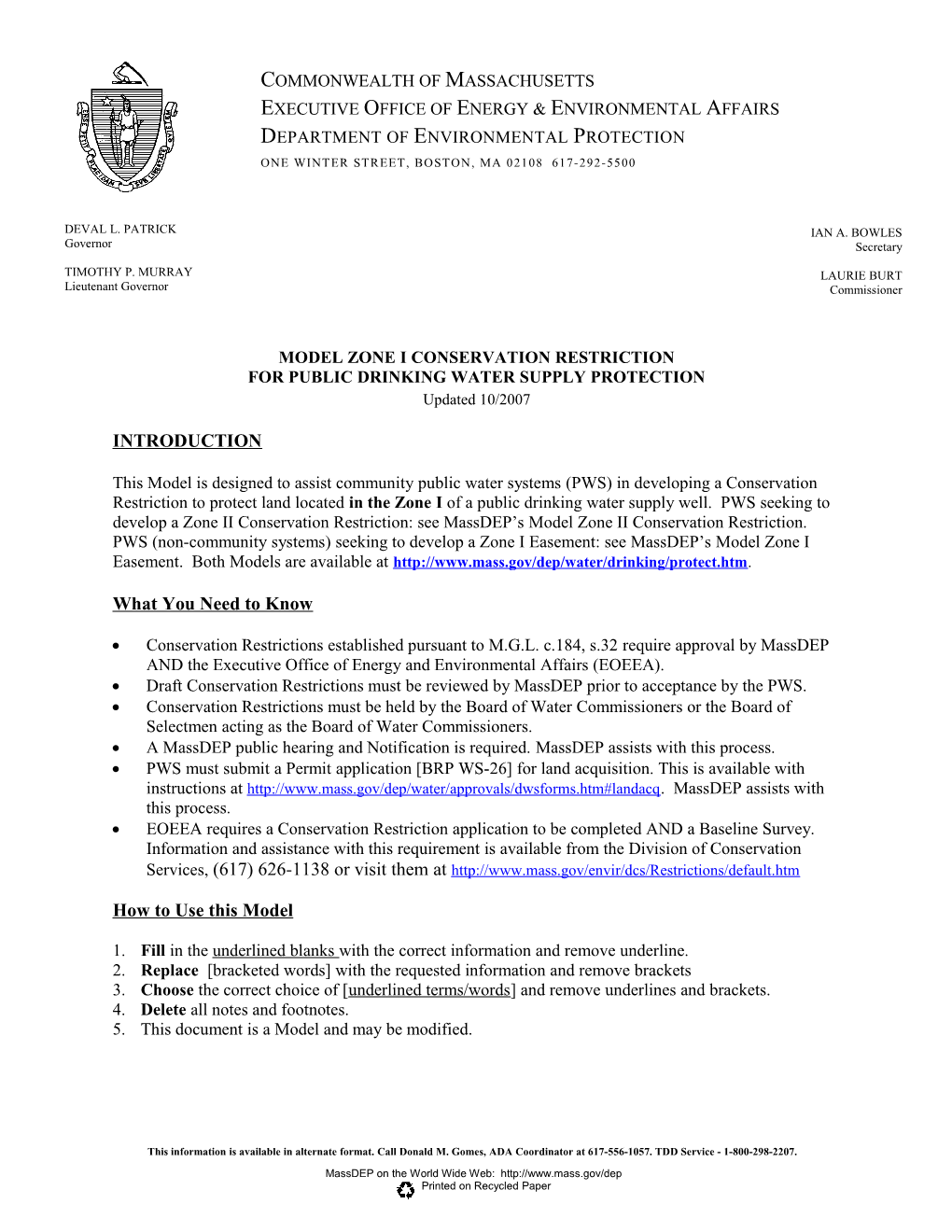 Model Zone I Conservation Restriction