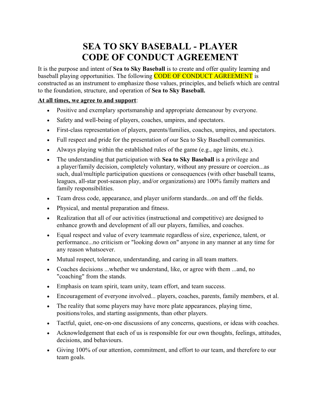 Sea to Sky Baseball - Player Code of Conduct Agreement