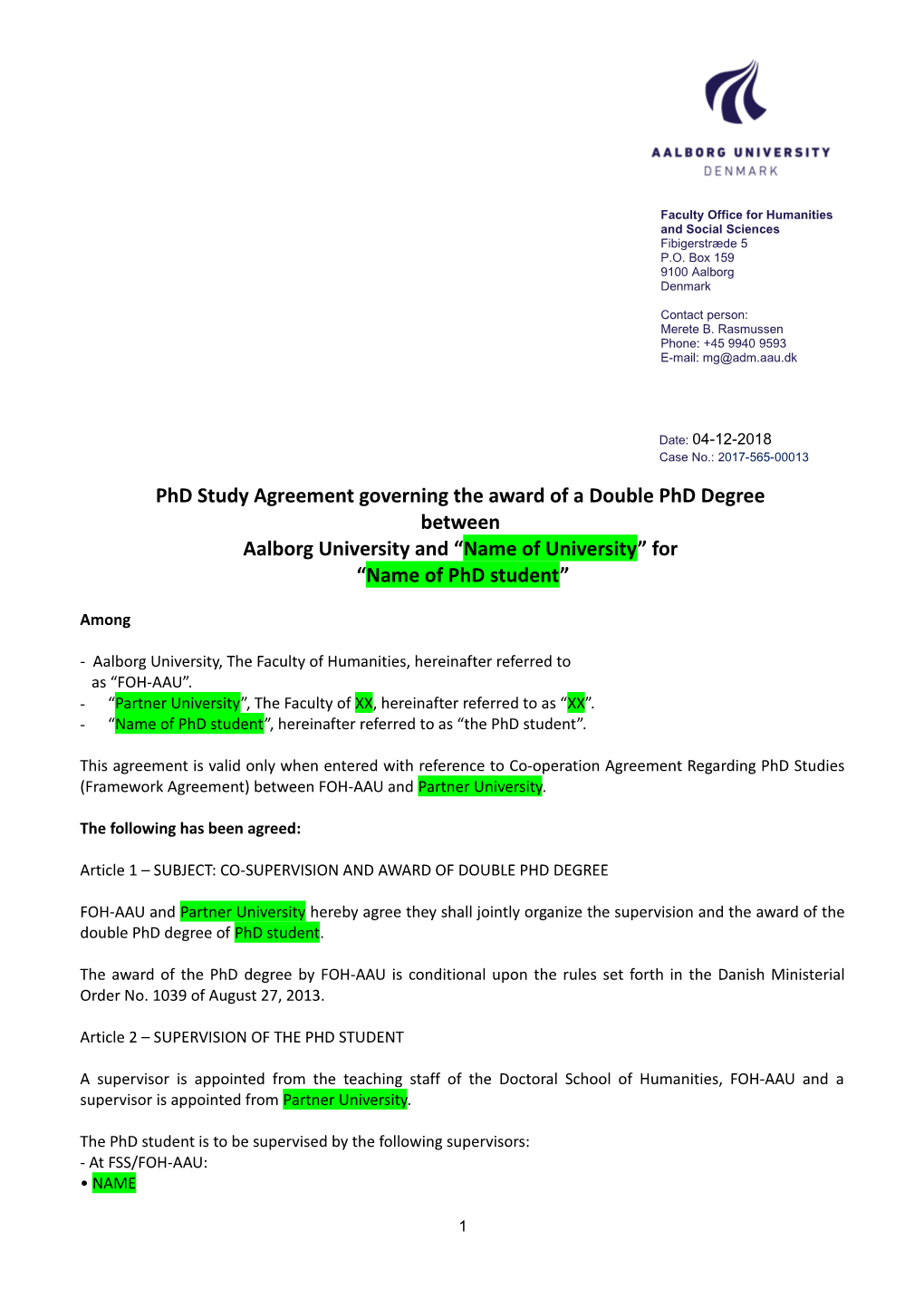 Phd Study Agreement Governing the Award of a Double Phd Degree