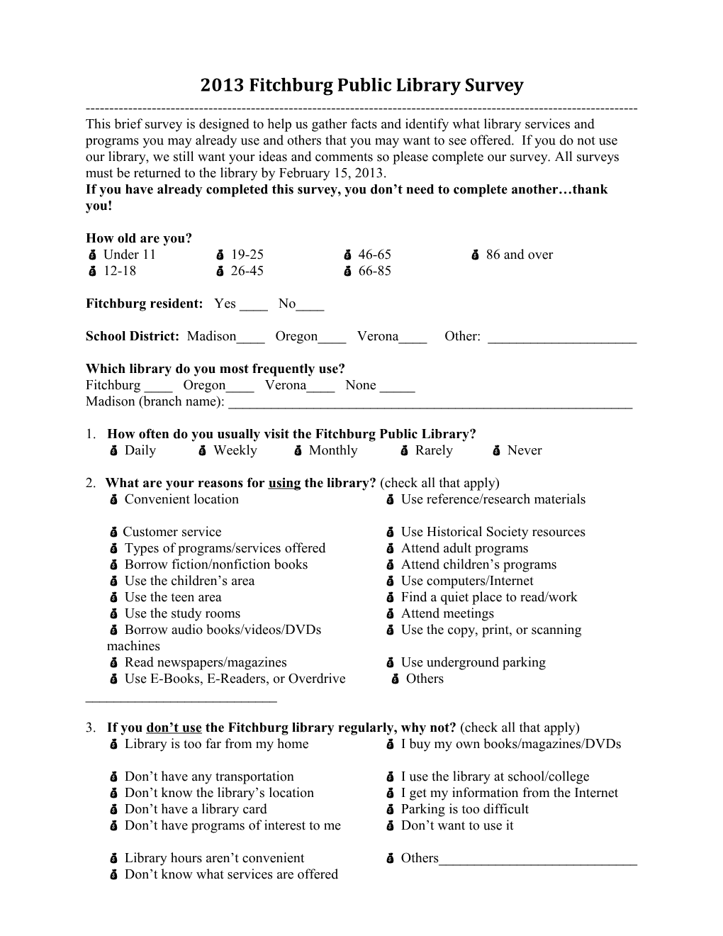 2013 Fitchburg Public Library Survey