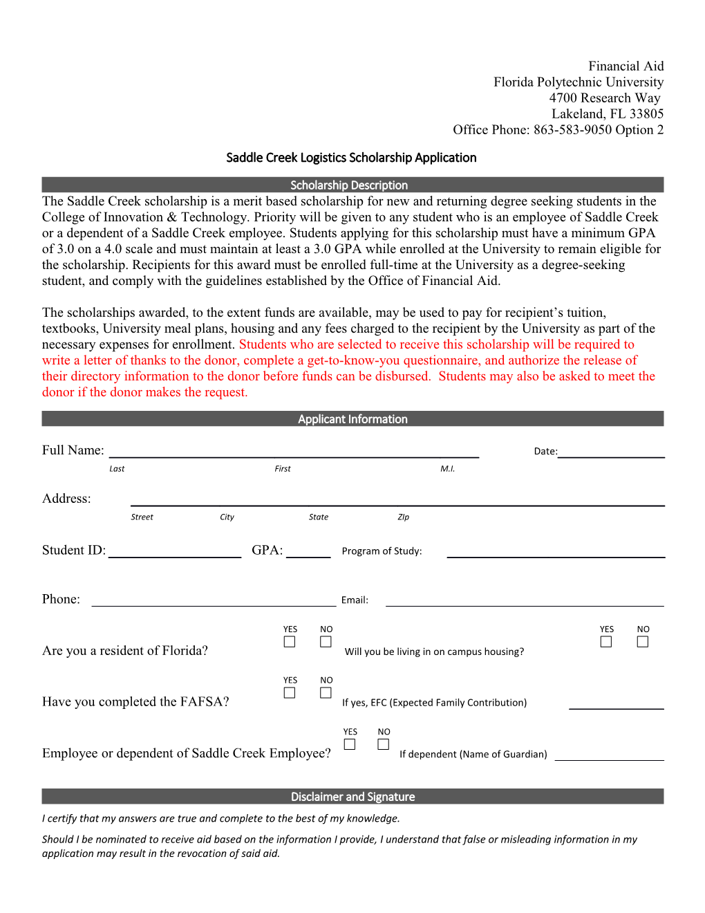 Saddle Creek Logistics Scholarship Application