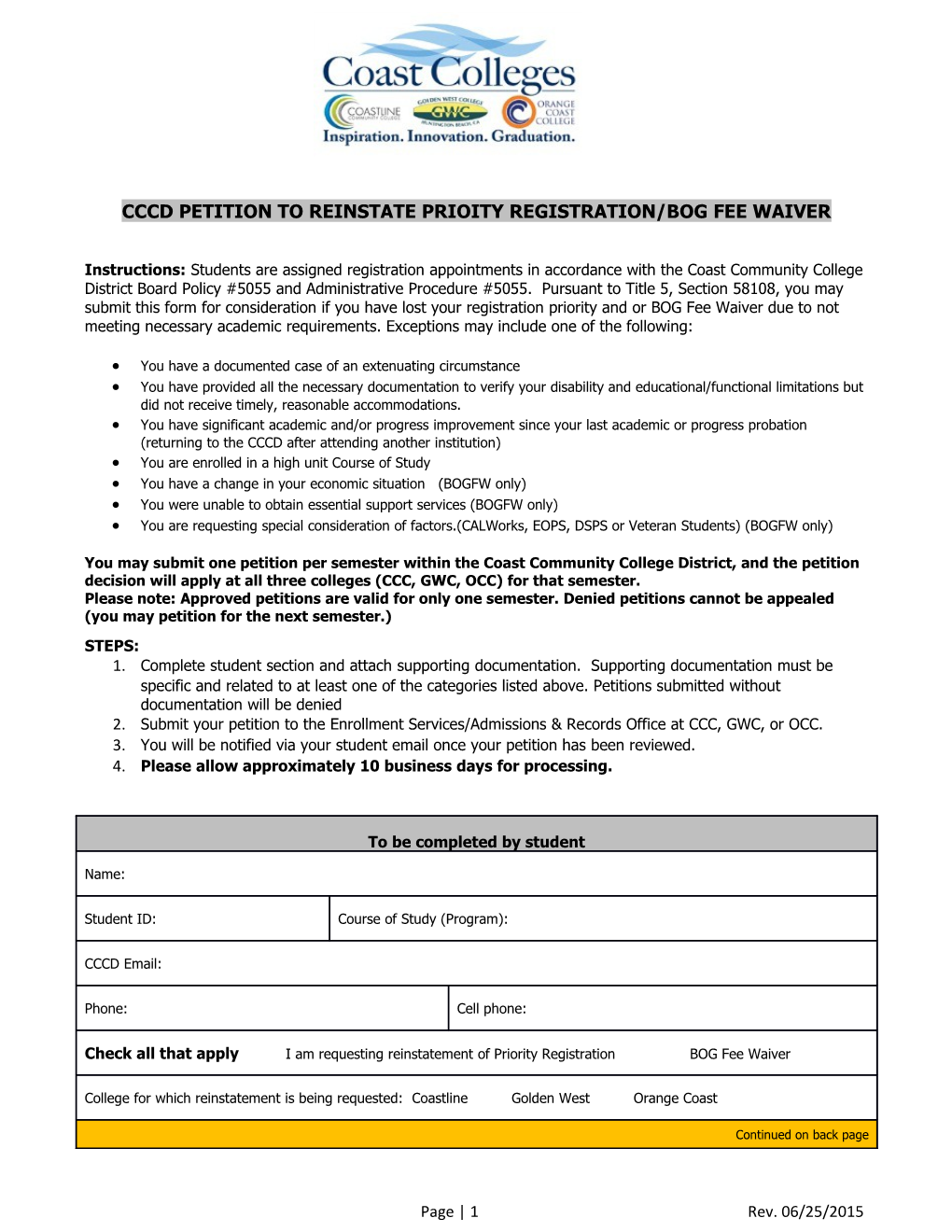 Cccd Petition to Reinstate Priority Registration Bogfw