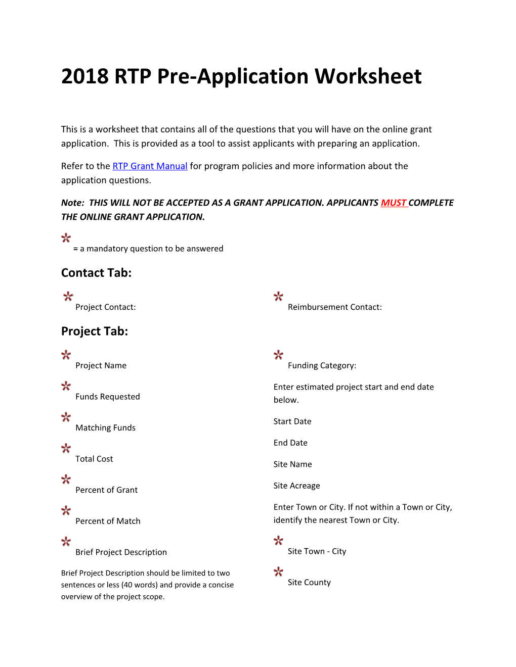 2018 RTP Pre-Application Worksheet