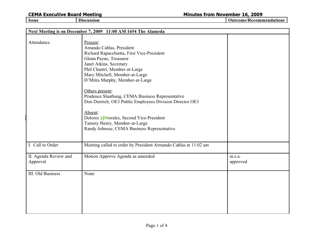 CEMA Executive Board Meetingminutes from November 16, 2009