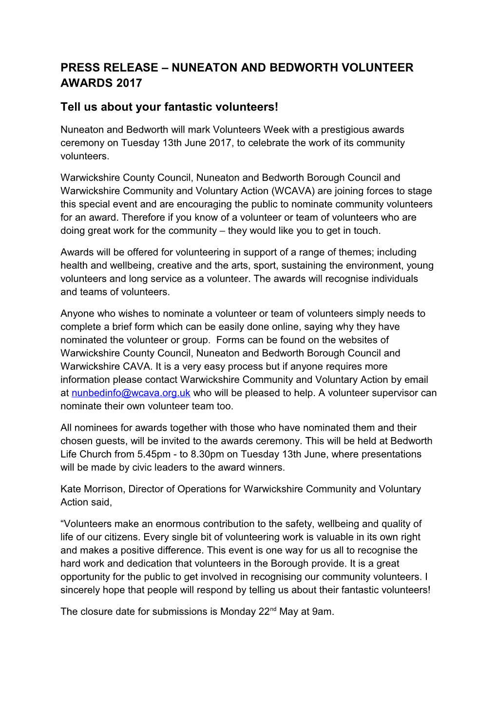 Press Release Nuneaton and Bedworth Volunteer Awards 2017