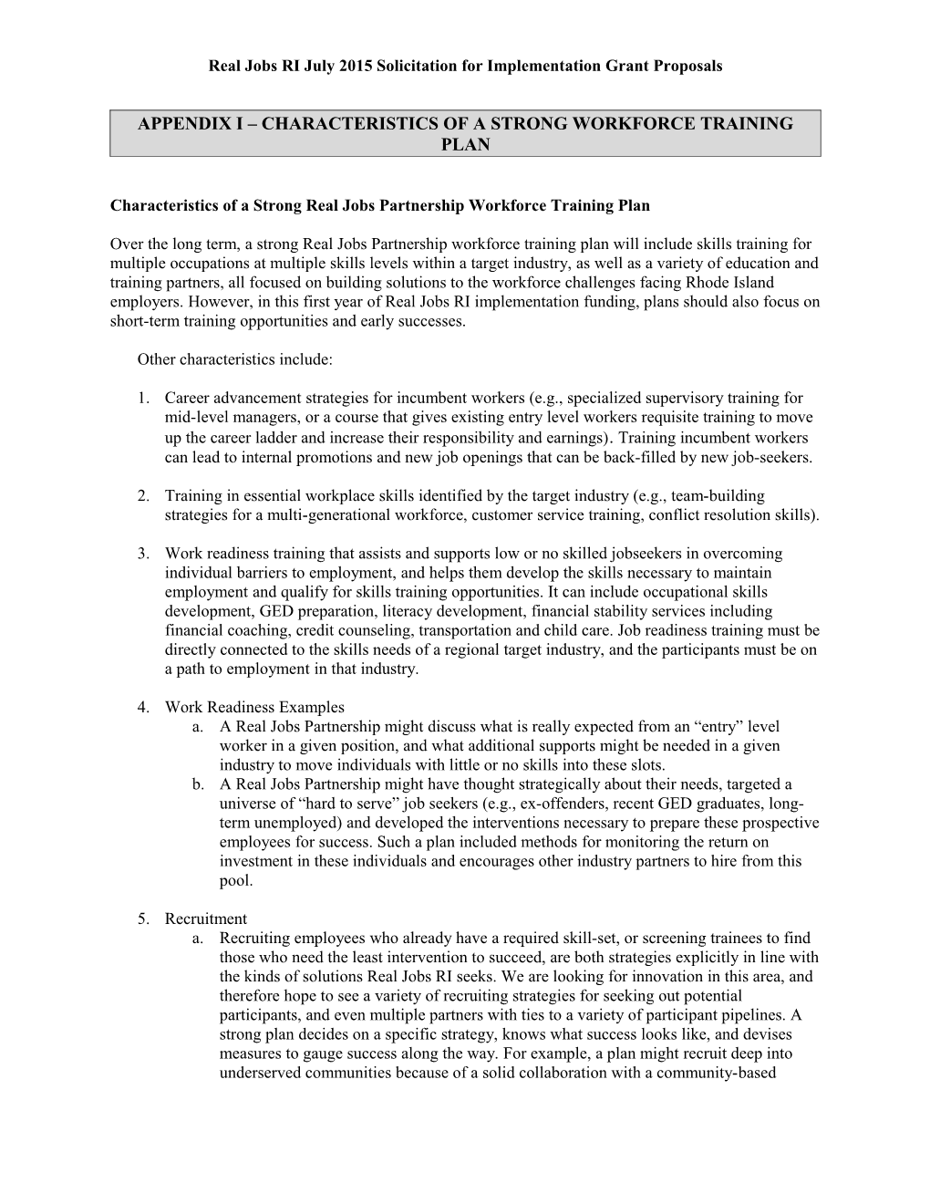 Appendix I Characteristics of a Strong Workforce Training Plan