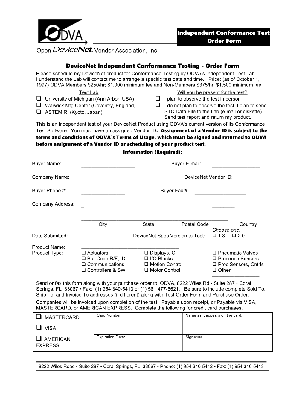 Devicenet Independent Conformance Testing - Order Form