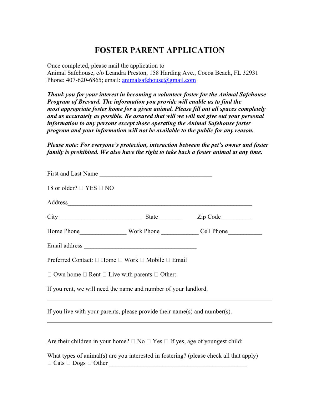 Foster Parent Application