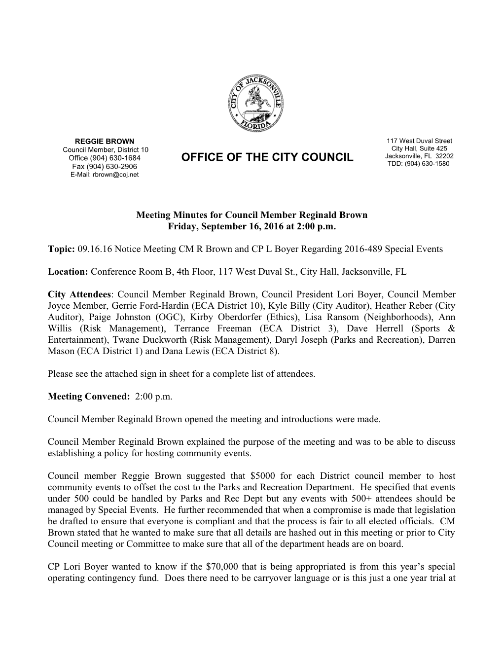Meeting Minutes for Council Member Reginald Brown