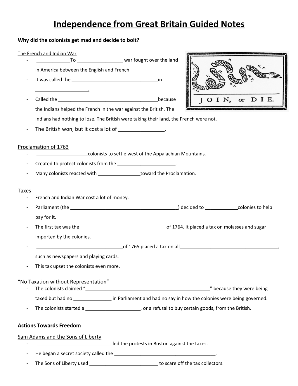 Independence from Great Britain Guided Notes