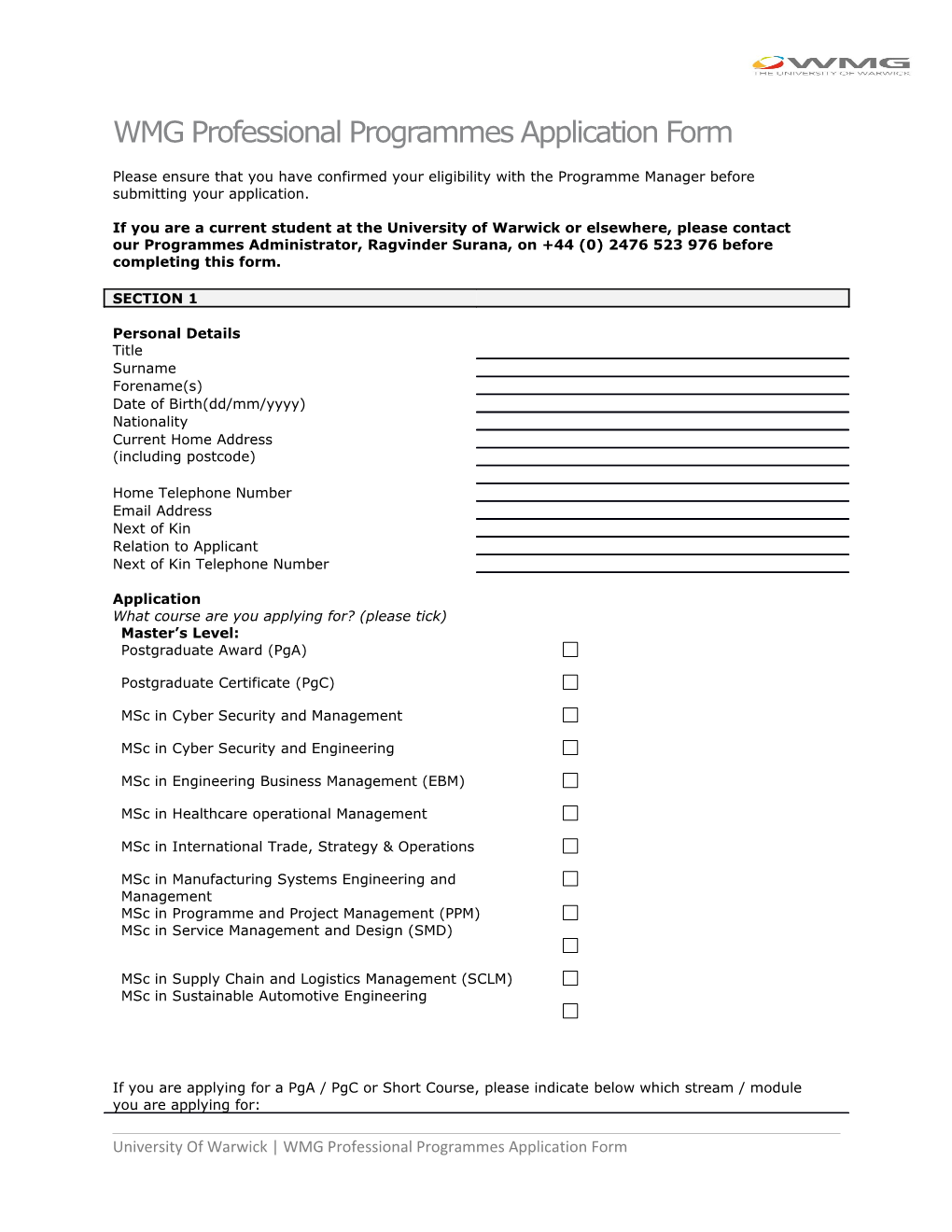 WMG Professional Programmes Application Form