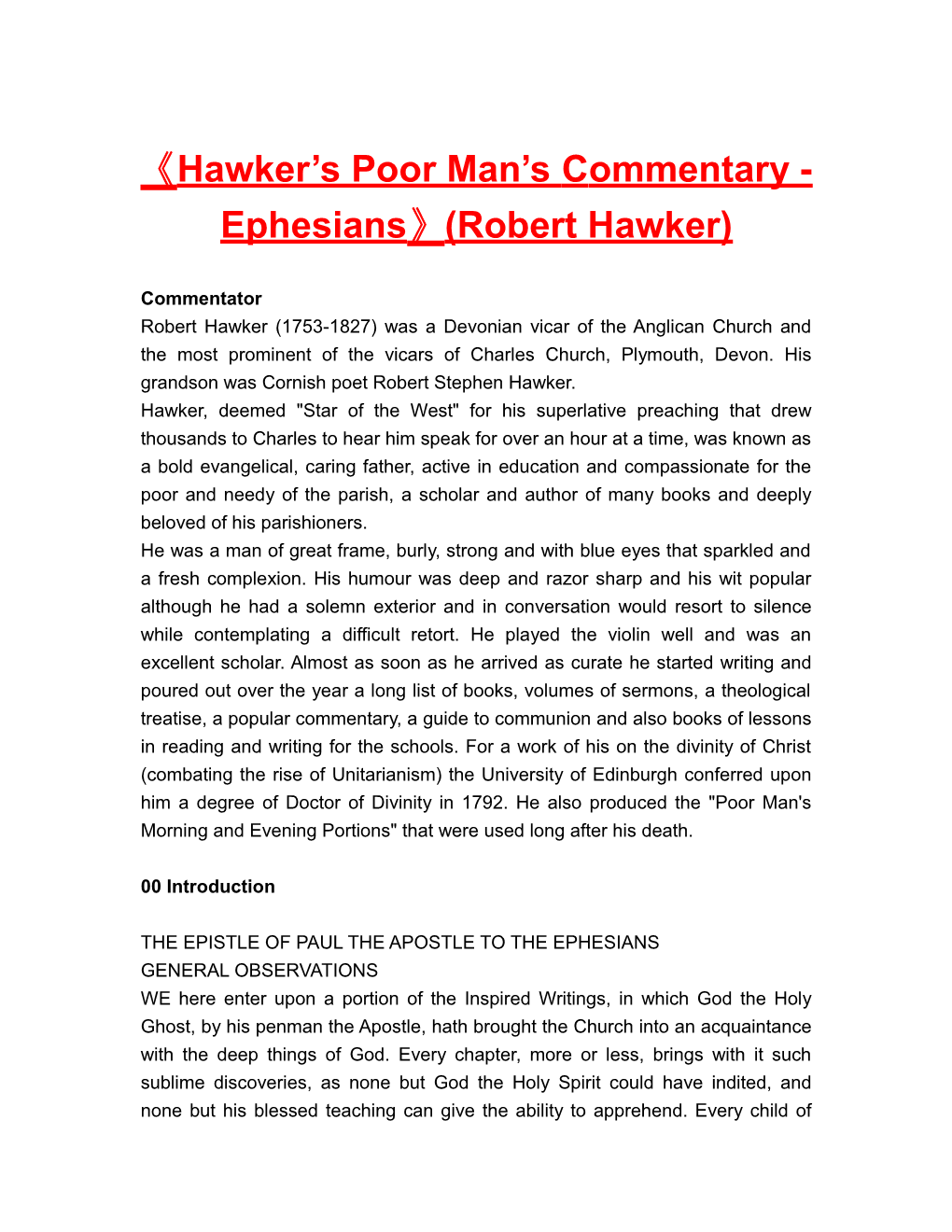 Hawker S Poor Man Scommentary-Ephesians (Robert Hawker)