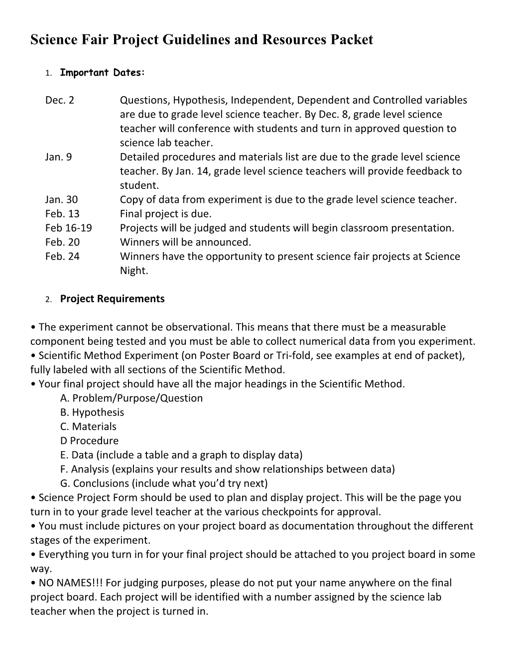 Science Fair Project Guidelines and Resources Packet
