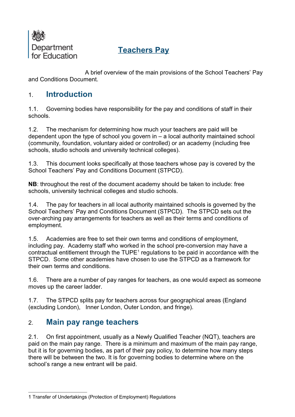 A Brief Overview of the Main Provisions of the School Teachers Pay and Conditions Document