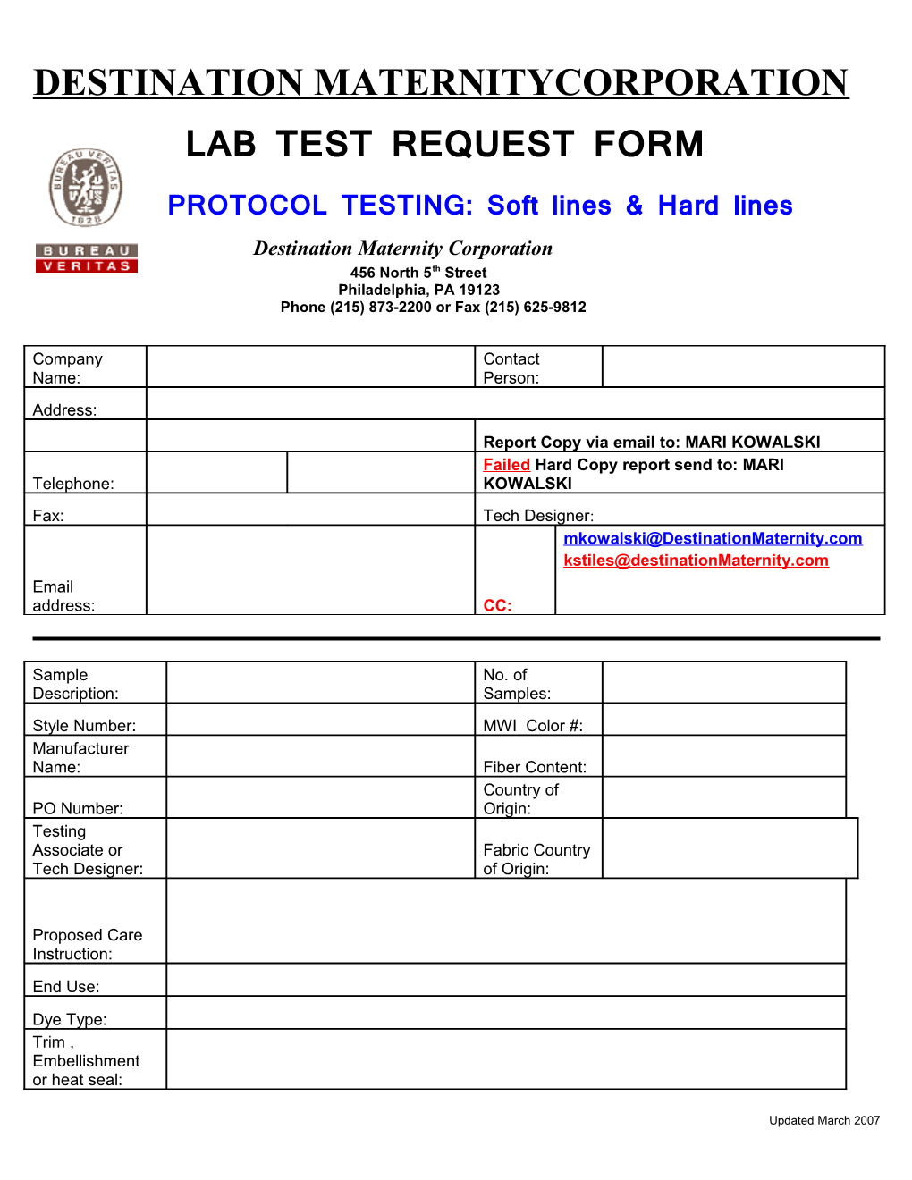 Motherswork Lab Test Request Form