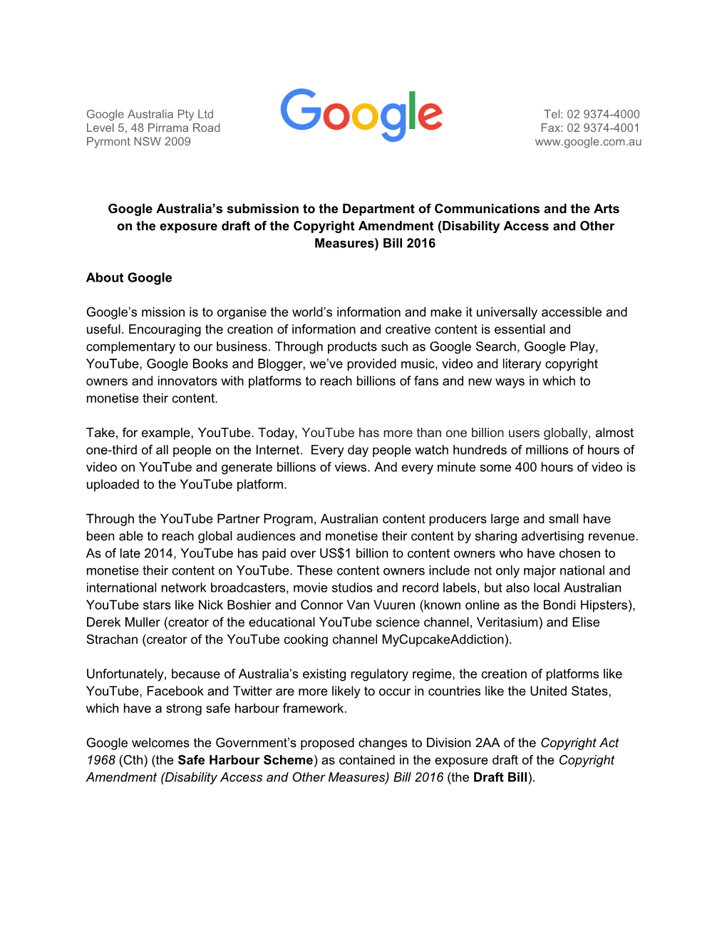Response to the Proposed Reforms to the Copyright Act 1968 Google Australia